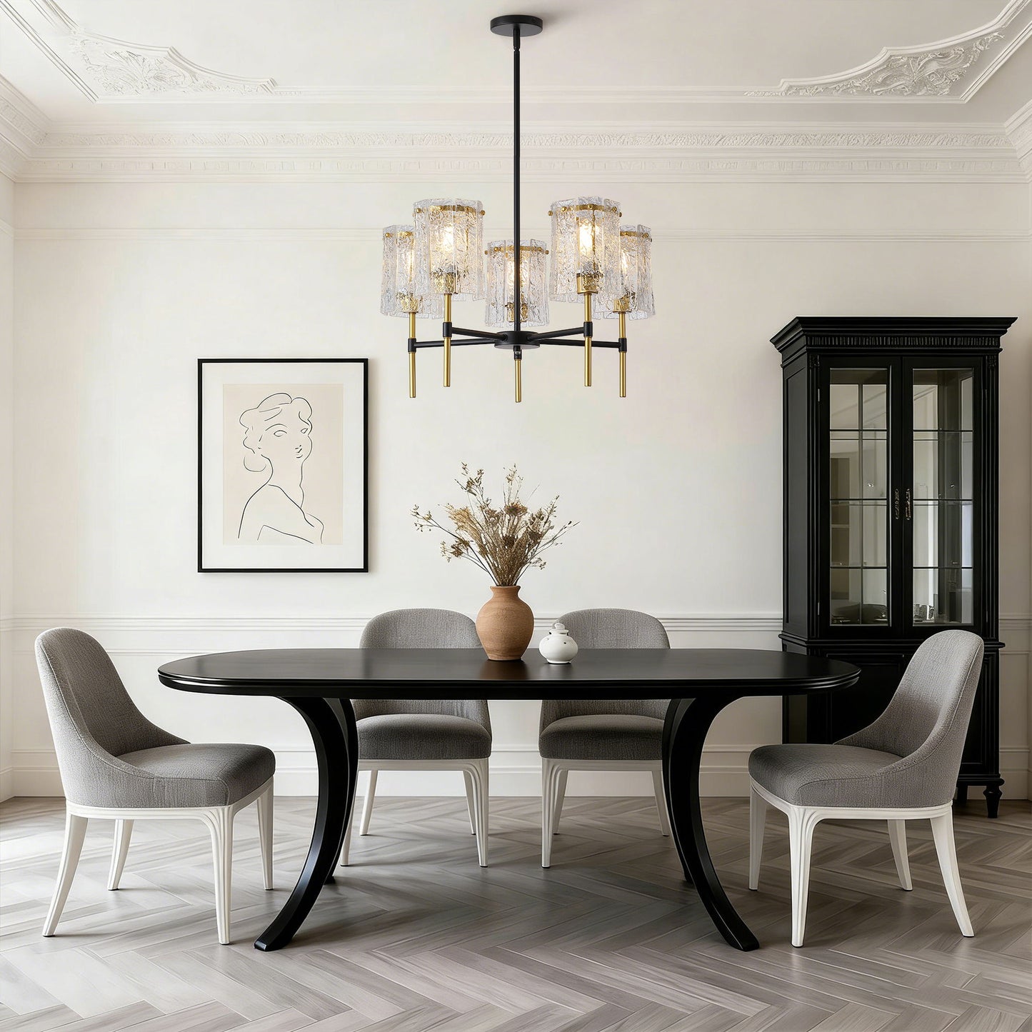 5 Light Chandelier, Textured Glass Pendant Light,