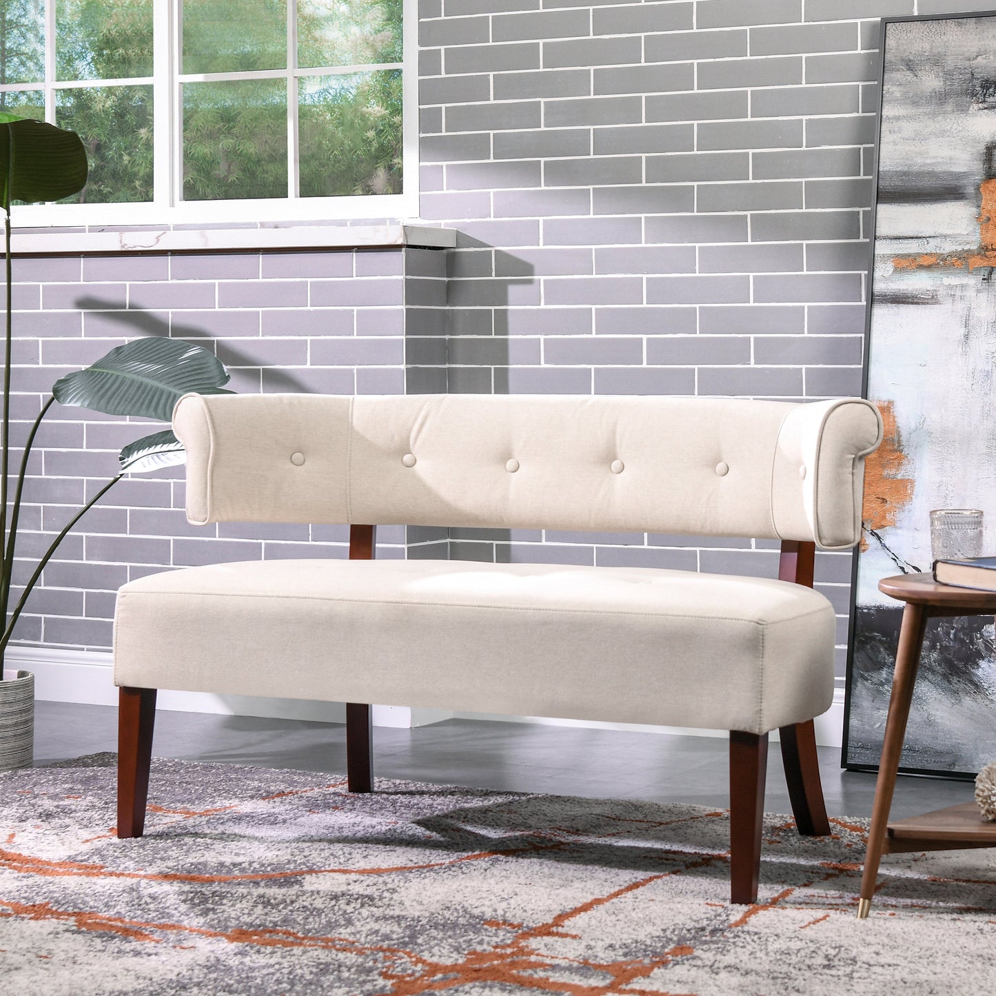 Jared Roll Arm Tufted Bench Settee, Sky Neutral