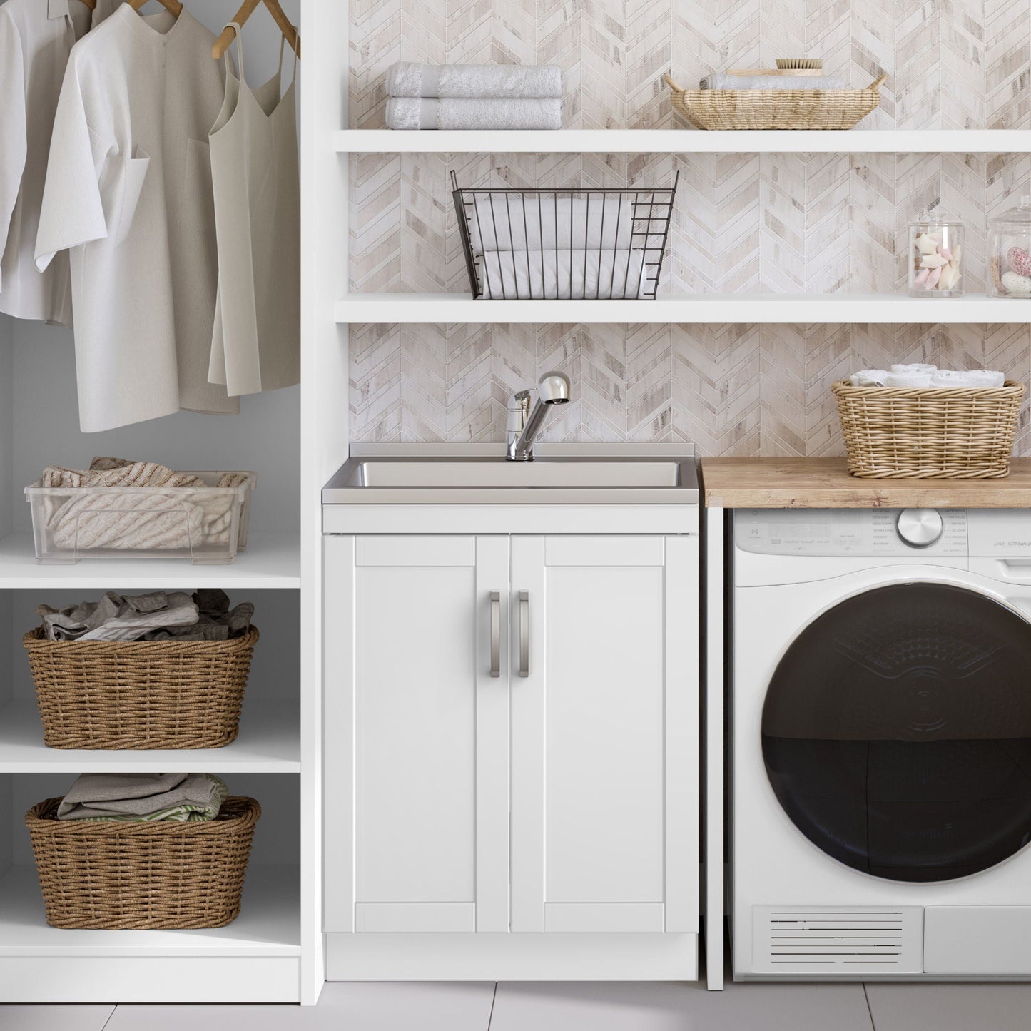Laundry Cabinet & Faucet And Stainless Steel Sink