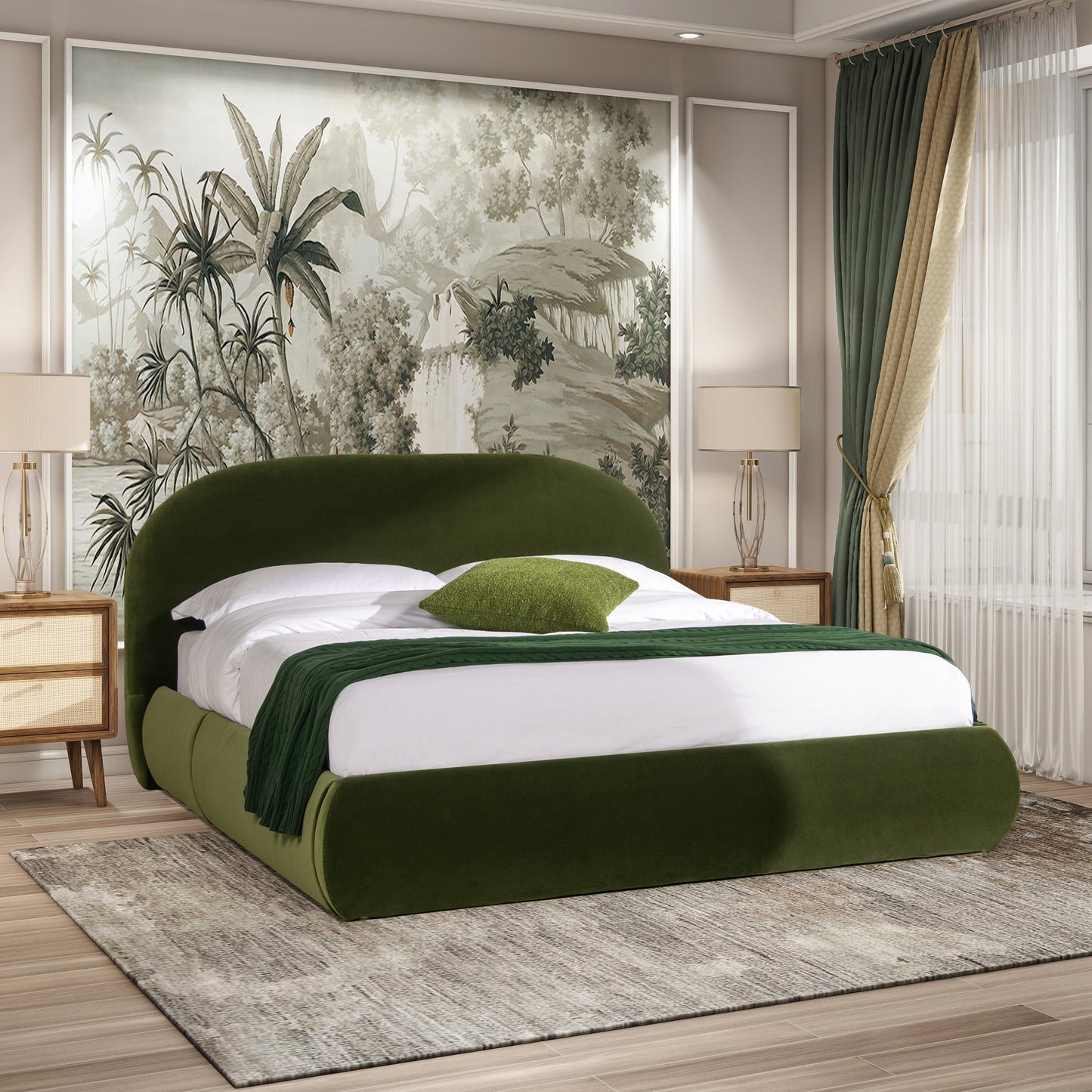 Archie Puffy Grounded Upholstered Platform Bed, Olive
