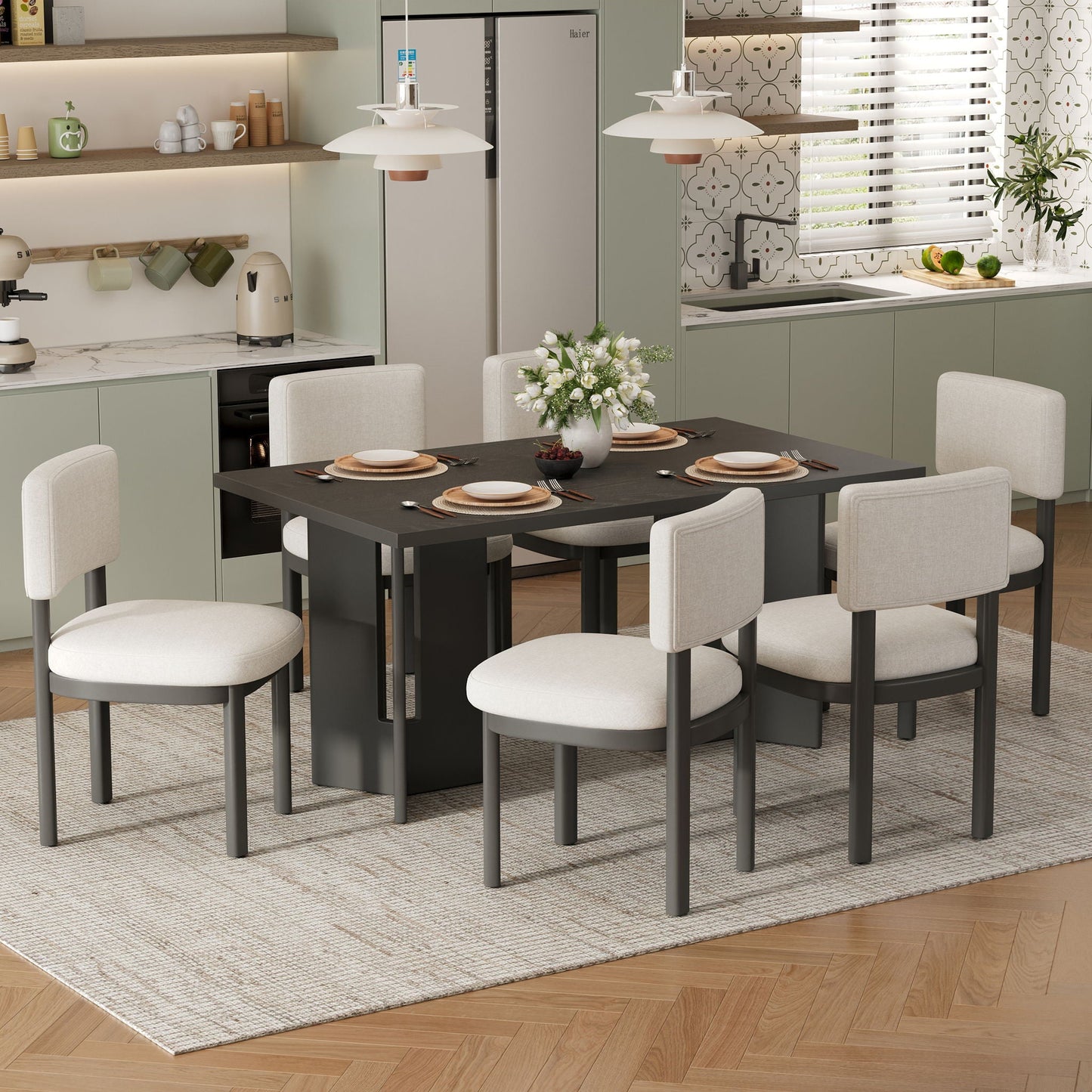 Dining Table Set With 6 Upholstered Chairs