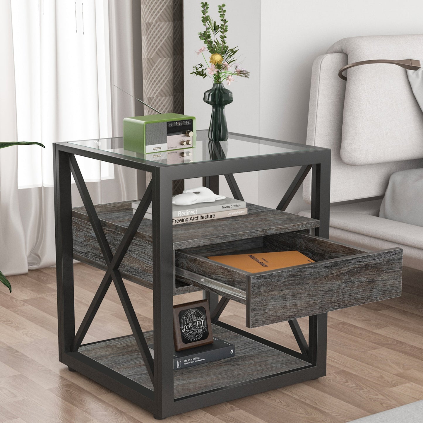 Set of 2 Modern End Tables with Drawer - Nightstands