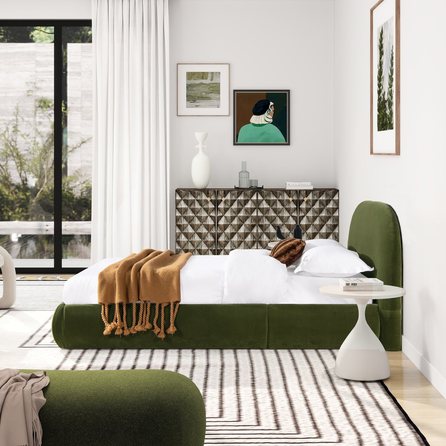 Archie Puffy Grounded Upholstered Platform Bed, Olive