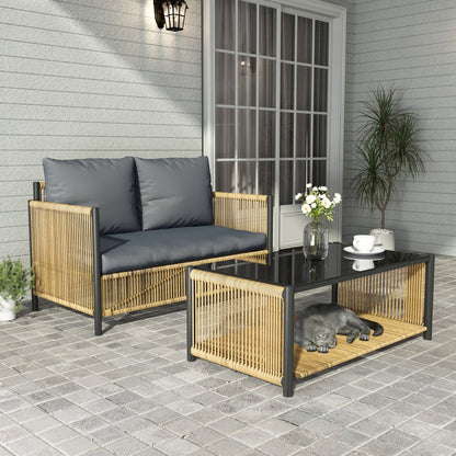 Outdoor PE Wicker 2-Seater Sofa Set with Grey Cushions and Table