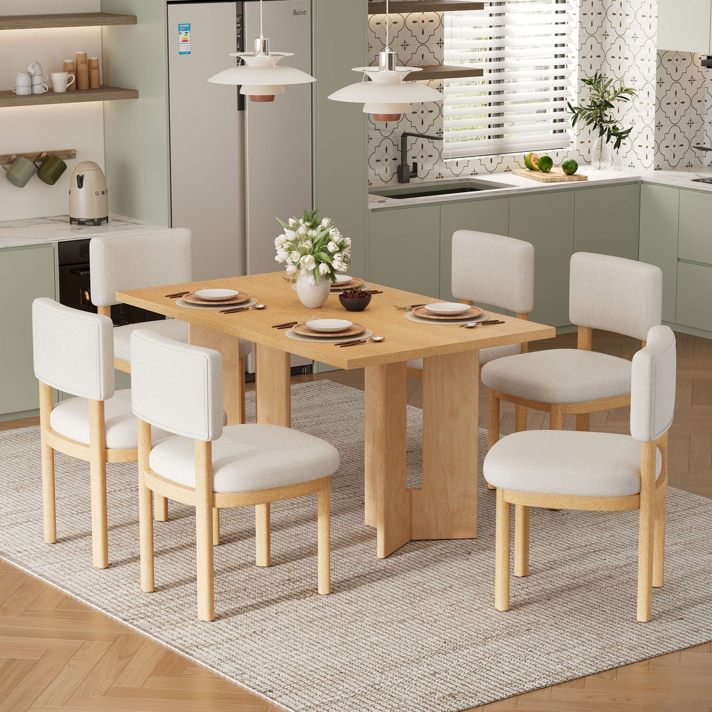 Dining Table Set With 6 Upholstered Chairs
