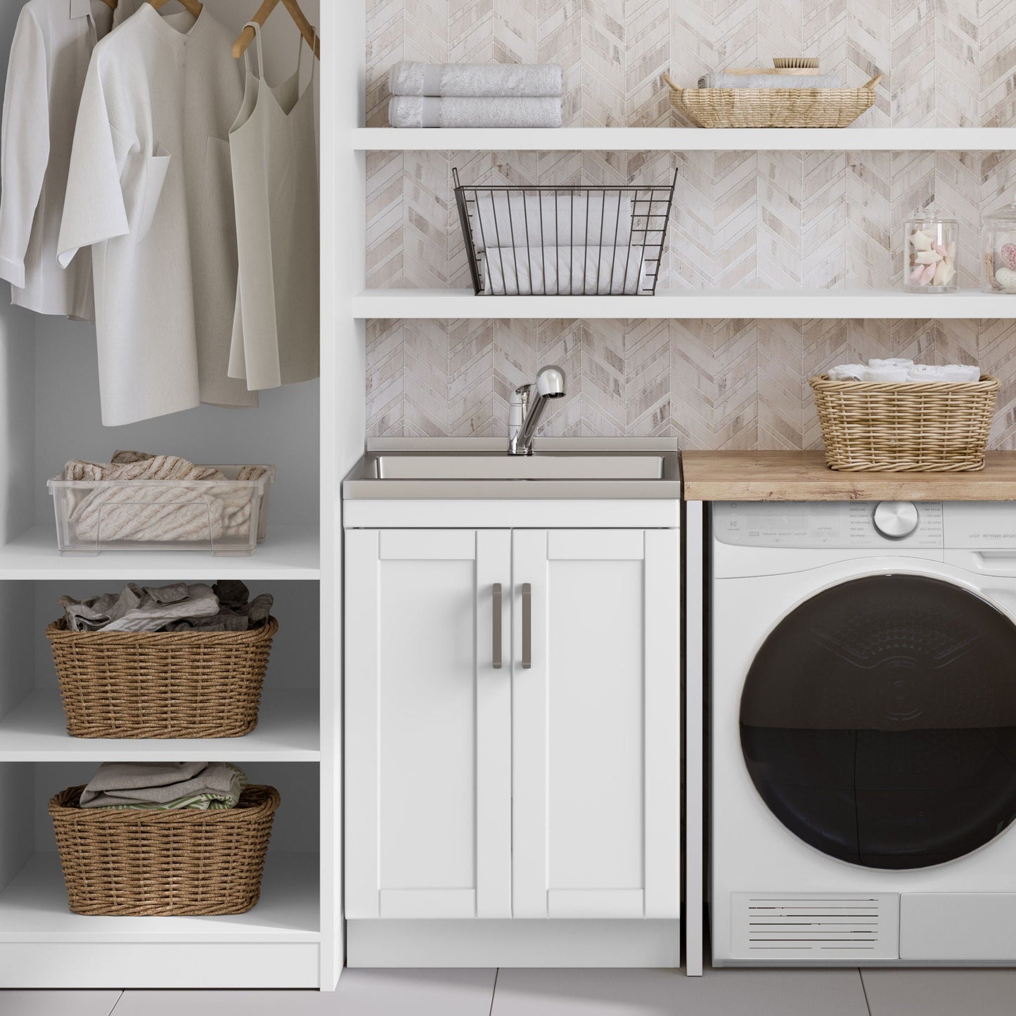 Laundry Cabinet & Faucet And Stainless Steel Sink