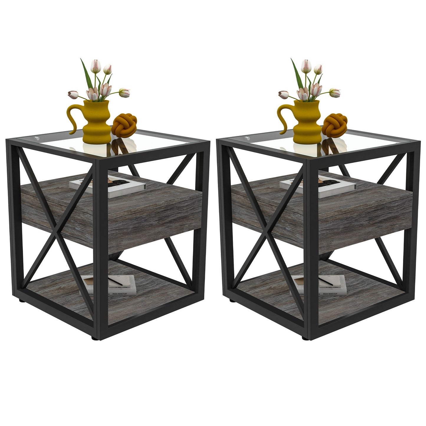 Set of 2 Modern End Tables with Drawer - Nightstands