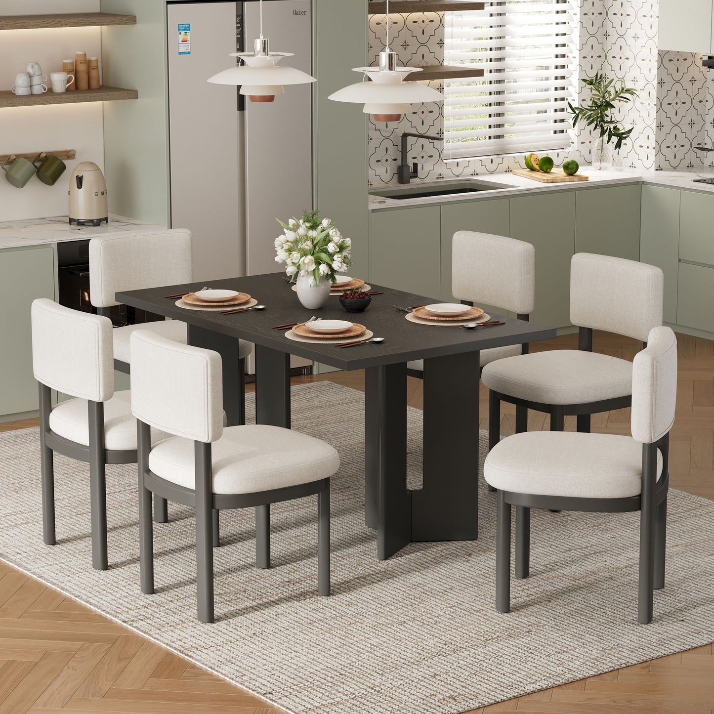 Dining Table Set With 6 Upholstered Chairs