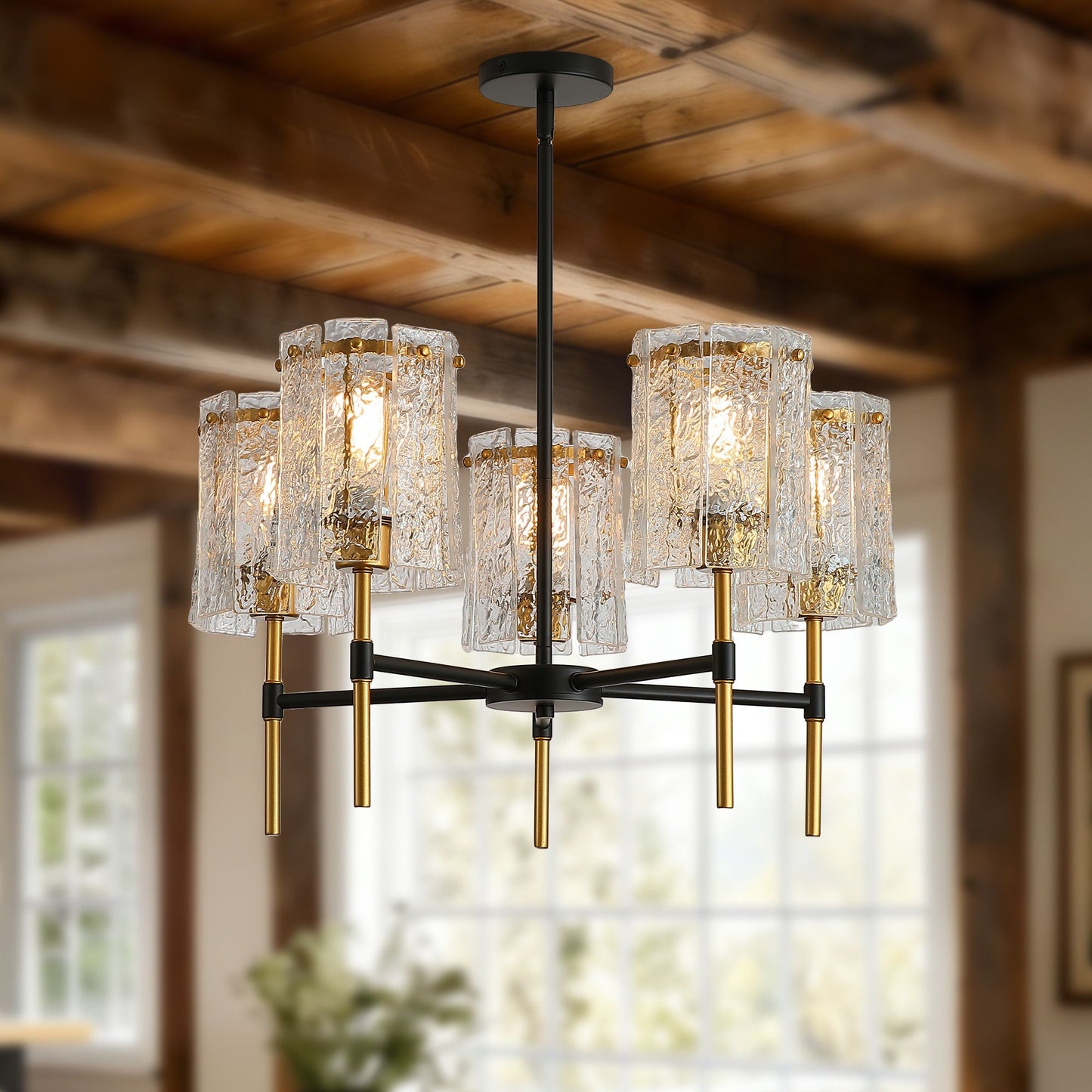 5 Light Chandelier, Textured Glass Pendant Light,