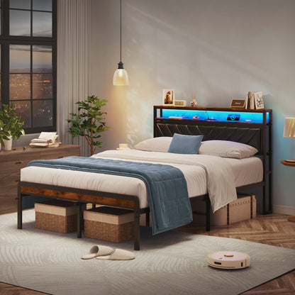 Platform Bed Frame with Adjustable Upholstered Headboard