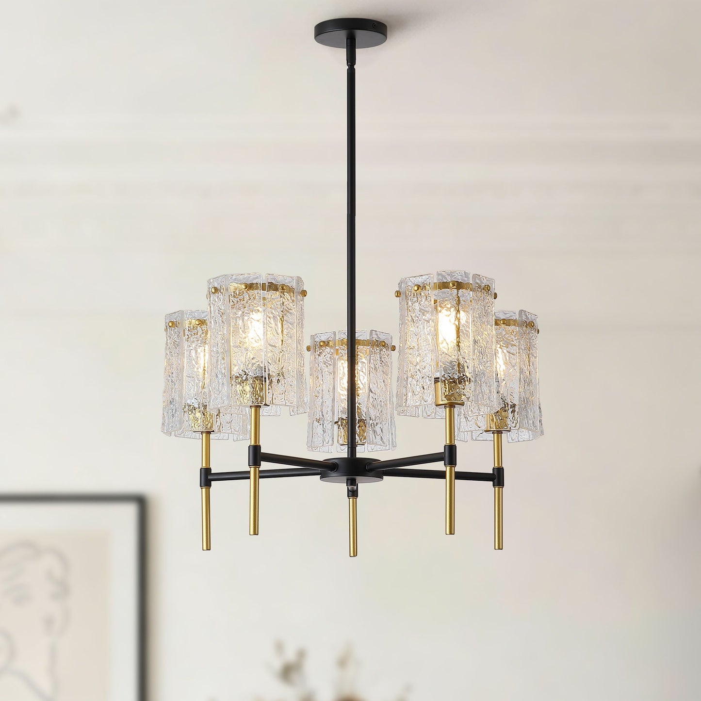 5 Light Chandelier, Textured Glass Pendant Light,