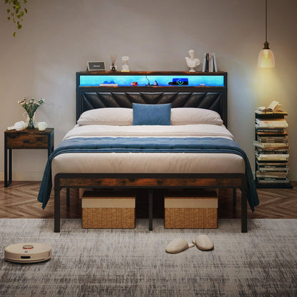Platform Bed Frame with Adjustable Upholstered Headboard