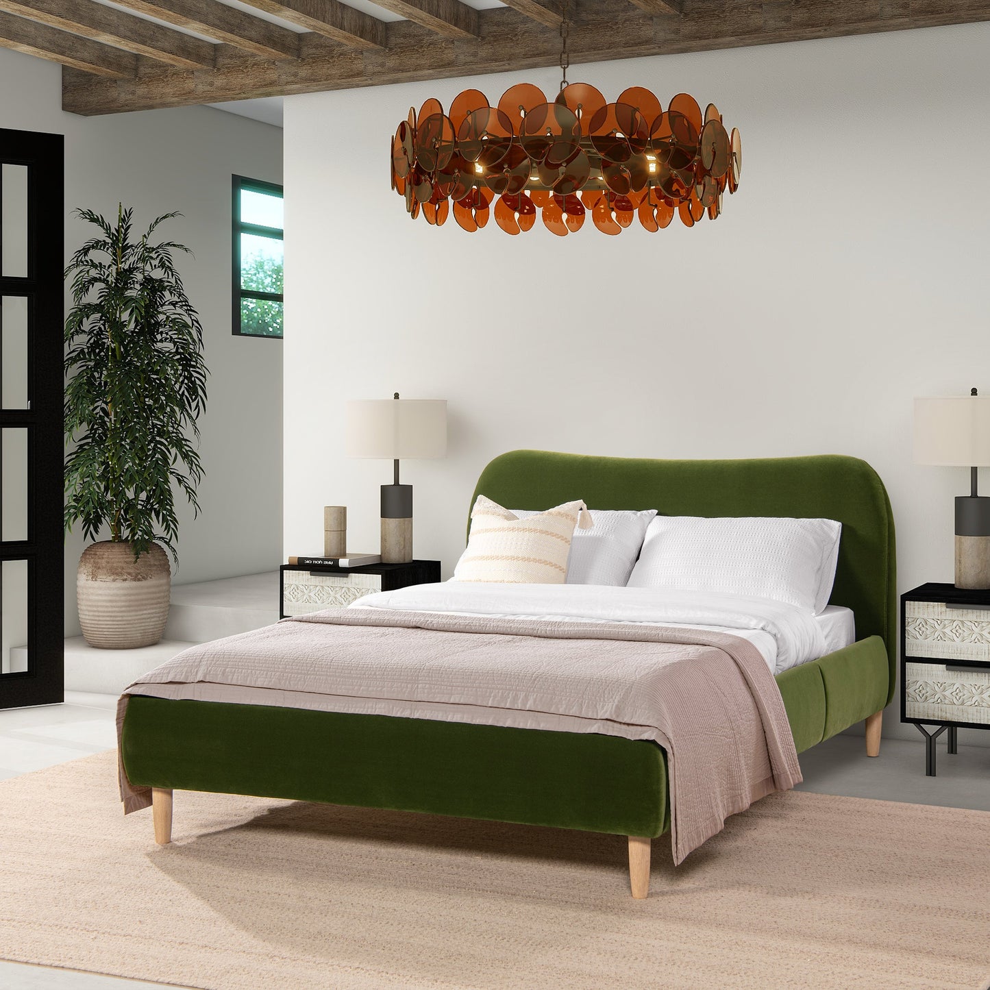 Roman Curved Headboard Upholstered Platform Bed, Queen, Olive
